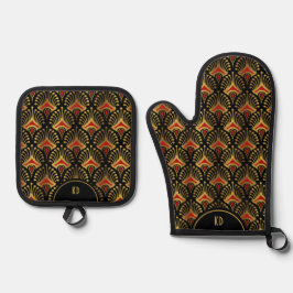 Red Gold Art Deco Muster auf schwarz Ofenhandschuh & Topflappen-Set