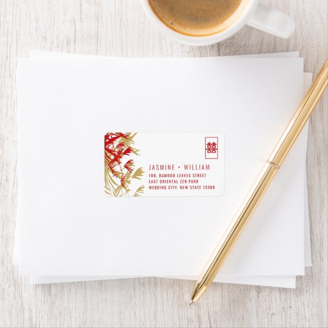Red & Gold Bamboo Blätter Chinesische Hochzeitsadr Adressaufkleber (Insitu)