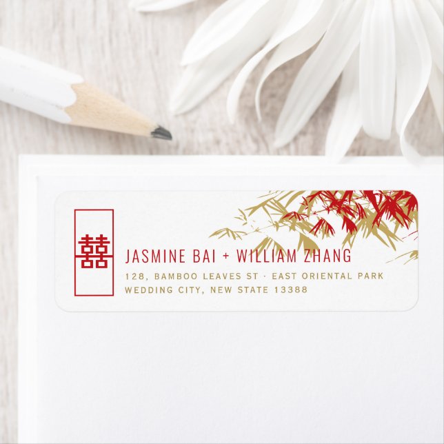 Red & Gold Bamboo Blätter Zen Asian Wedding Addres (Insitu)