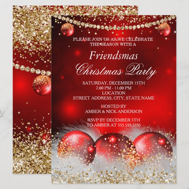 Red Gold Baubles Friendsmas Christmas Party Einladung (Vorne/Hinten)