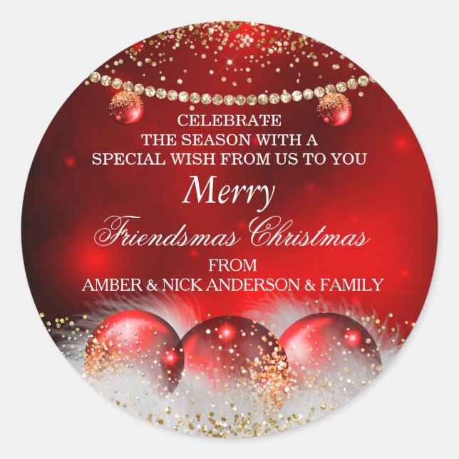 Red Gold Baubles Friendsmas Weihnachtsgrüße Runder Aufkleber (Vorderseite)