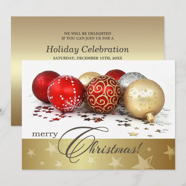 Red Gold Baubles Weihnachts-Party Einladung (Vorne/Hinten)