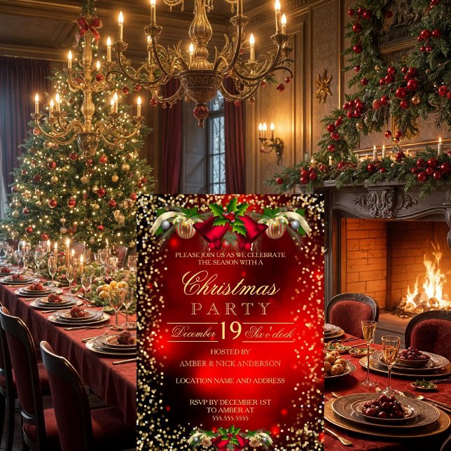 Red Gold Bells Heilige Weihnachtsfeier Einladung (Von Creator hochgeladen)