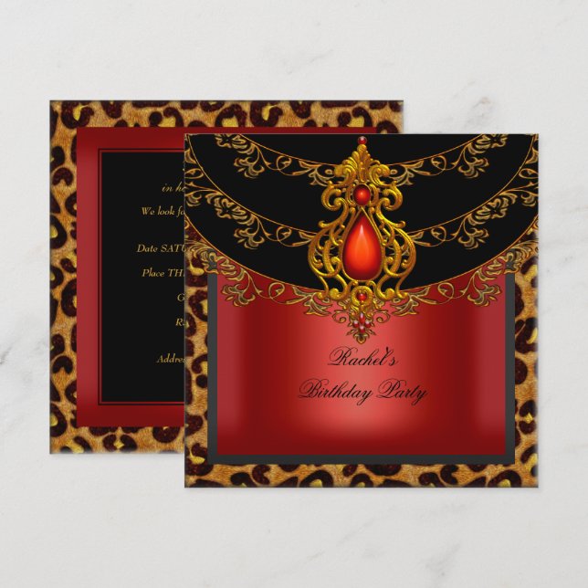 Red Gold Black Birthday Party Leopard Einladung (Vorne/Hinten)