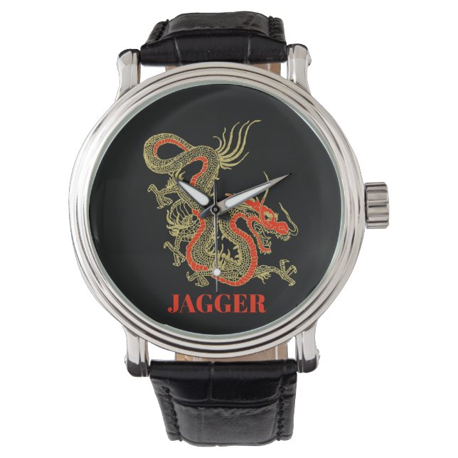 Red Gold Black Fantasy Chinese Dragon Armbanduhr (Vorderseite)