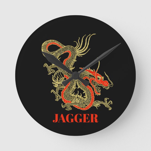 Red Gold Black Fantasy Chinese Dragon Runde Wanduhr (Vorderseite)
