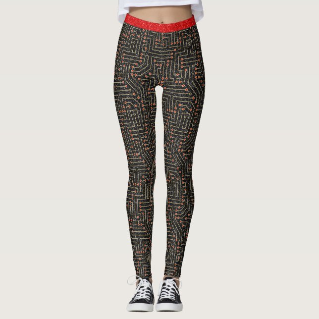 Red Gold Black Glitzer, gedruckte Schalttafel Leggings (Vorderseite)