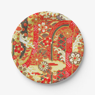 Red Gold Black Japanisch Kimono Blume Pappteller