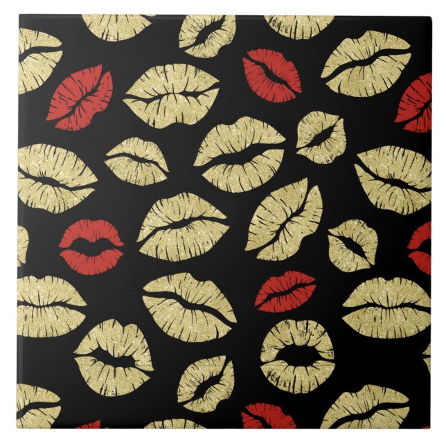 Red Gold Black Lips Kiss Fliese (Vorderseite)