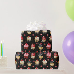 Red Gold Black Pink Cupcakes Cherry Birthday Geschenkpapier