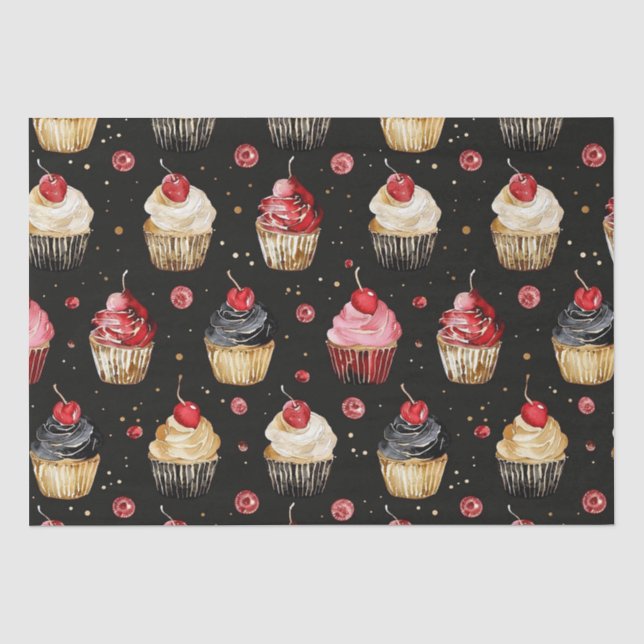 Red Gold Black Pink Cupcakes Cherry Birthday Seidenpapier (Vorderseite)