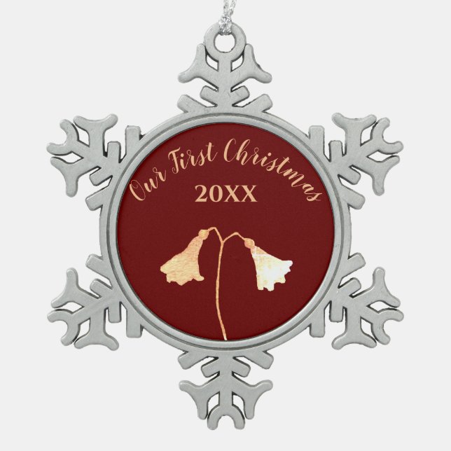 Red Gold Blume Couple's First Christmas Schneeflocken Zinn-Ornament (Vorderseite)
