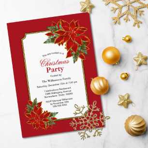 Red Gold Border Poinsettia Weihnachtsfest Party Einladung