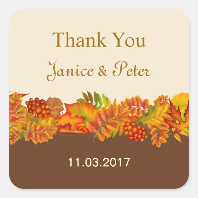 Red Gold Brown Herbstlaube Hochzeitsticker Quadratischer Aufkleber (Vorderseite)