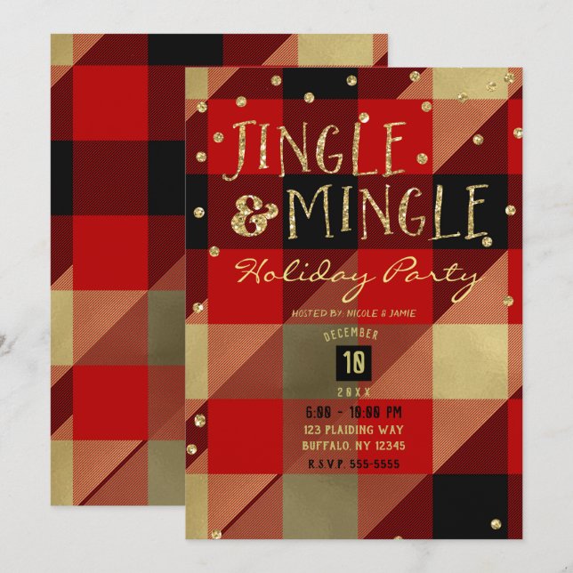 Red Gold Buffalo Kariert Jingle & Mingle Holiday Einladung (Vorne/Hinten)