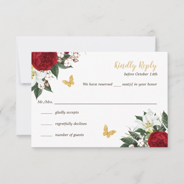 Red Gold Butterfells Quinceañera RSVP Card Einladung (Vorderseite)