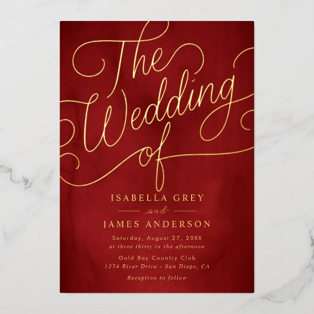 Red Gold Calligraphy Script Wedding Folieneinladung (Vorderseite)