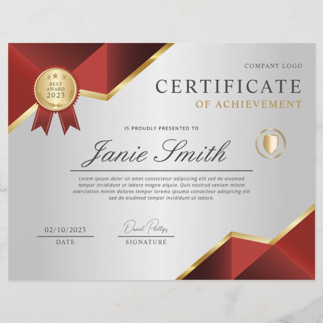 Red Gold Certificate of Achievement Award (Vorderseite)