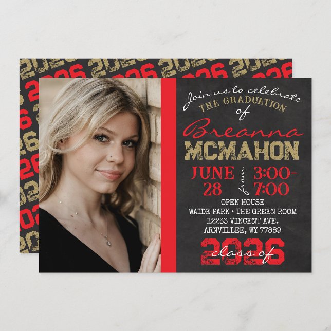 Red & Gold Chalkboard Abschluss Foto Einladung (Repeating Class Year 1 & 2 Photo Graduation Invitations)