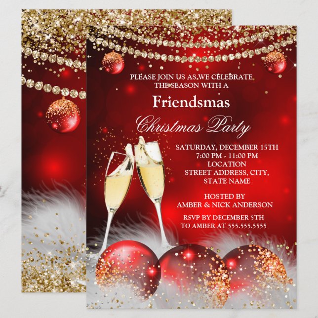 Red Gold Champagne Friendsmas Weihnachts-Party Einladung (Vorne/Hinten)