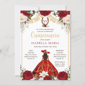 Red & Gold Charra mit Foto Mexican Quinceañera Einladung