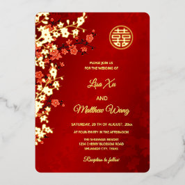 Red Gold Cherry Blosso | Chinesische Hochzeit Folieneinladung