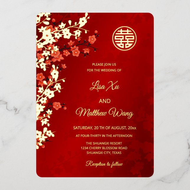 Red Gold Cherry Blosso | Chinesische Hochzeit Folieneinladung (Vorderseite)