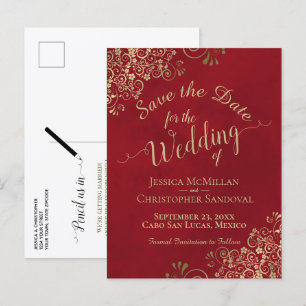 Red & Gold Chic Calligrafy Wedding Save the Date Ankündigungspostkarte