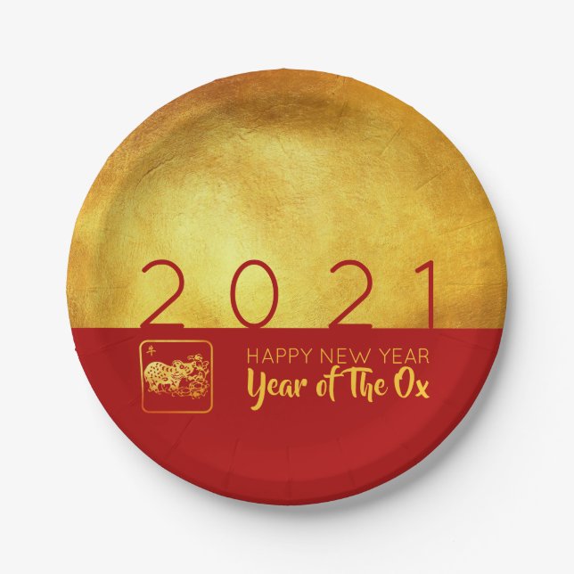 Red Gold Chinese Ox Paper-cut 2021 PP Pappteller (Vorderseite)