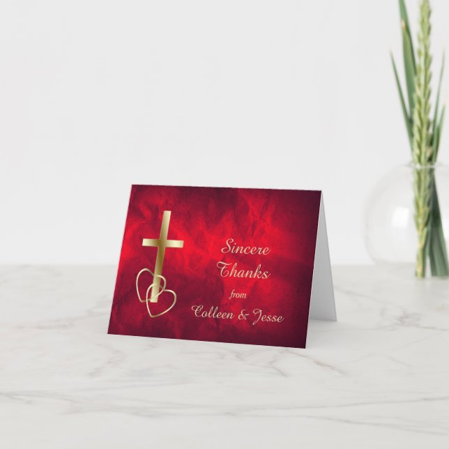 Red Gold Christian Cross Mariage Carte de remercie (Devant)