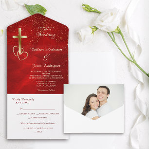 Red Gold Christlich Cross Foto Template Hochzeit All In One Einladung