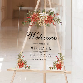 Red Gold Christmas Floral Wedding Welcome Acrylschild