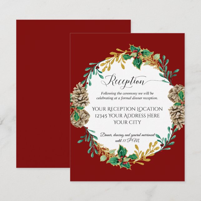 Red Gold Christmas Holly Pine Hochzeit Empfang Einladung (Vorne/Hinten)