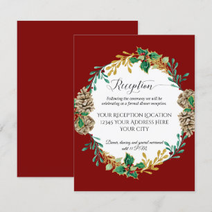 Red Gold Christmas Holly Pine Hochzeit Empfang Einladung