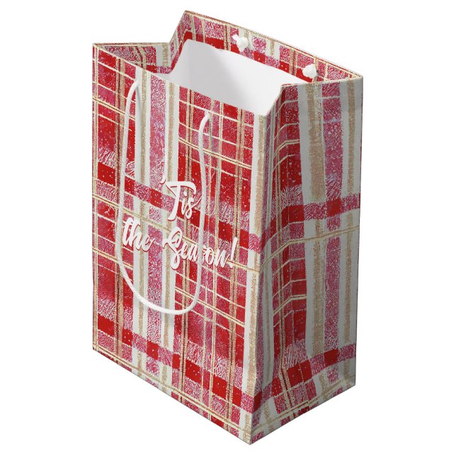 Red Gold Christmas Kariert Pattern#2 ID1009 Mittlere Geschenktüte (Vorderseite Schrägansicht)