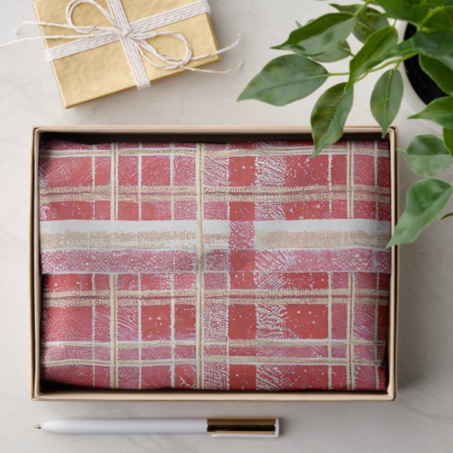 Red Gold Christmas Plaid Pattern#2 ID1009 Seidenpapier (Geschenk)