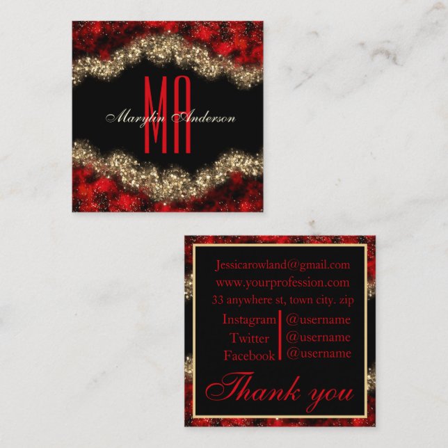 RED & GOLD CHRISTMAS SHIMMER CUSTOM MONOGRAMM QUADRATISCHE VISITENKARTE (Vorne/Hinten)