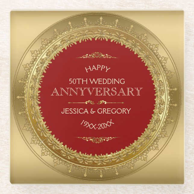 Red & Gold Circle Frame 50. Wedding Design Glasuntersetzer (Vorderseite)