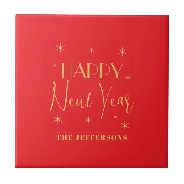 Red & Gold Colors Merry Christmas Family Name Fliese (Vorderseite)