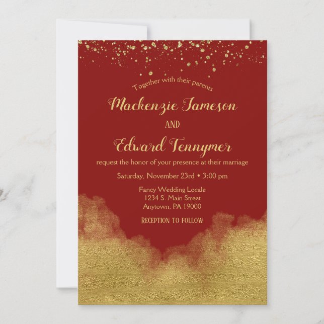Red Gold Confetti Einladung Hochzeit Elegante (Vorderseite)