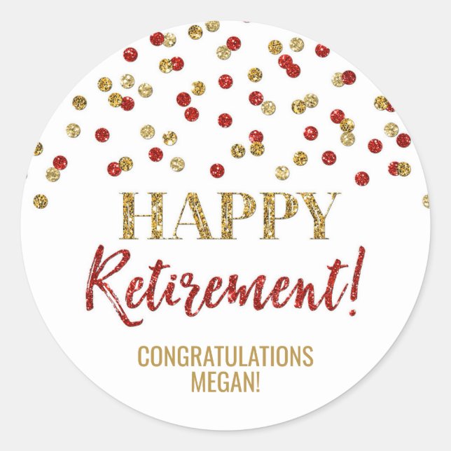 Red Gold Confetti Happy Retirement Runder Aufkleber (Vorderseite)