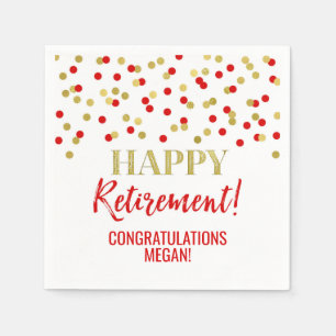 Red Gold Confetti Happy Retirement Serviette