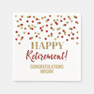 Red Gold Confetti Happy Retirement Serviette