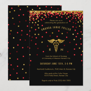 Red & Gold Confetti Pflege Abschluss Einladung
