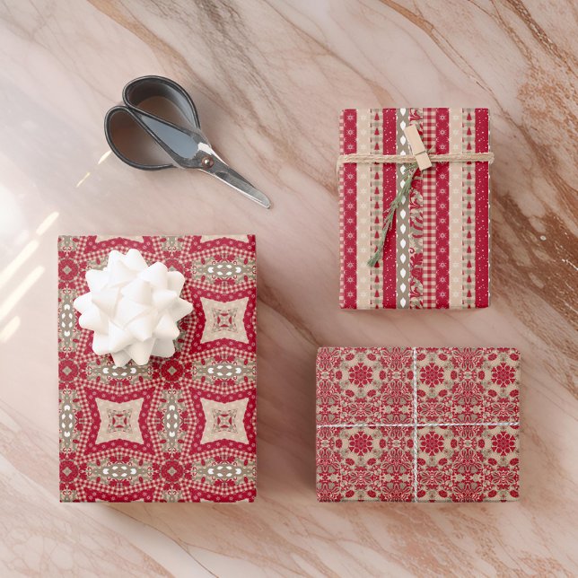 Red Gold Cream Quilt and Stripes Farmhouse Chic Geschenkpapier Set (Von Creator hochgeladen)