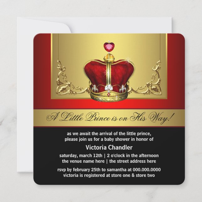 Red Gold Crown Prince Baby Dusche Einladung (Vorderseite)