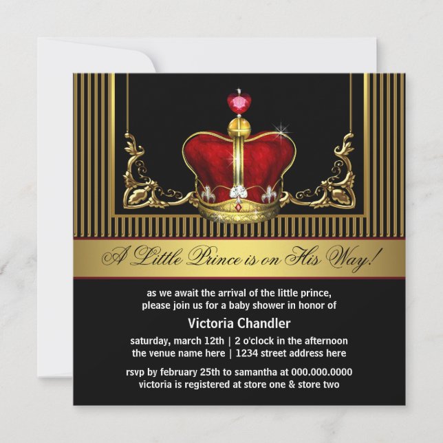 Red Gold Crown Prince Baby Shower Einladungen (Vorderseite)
