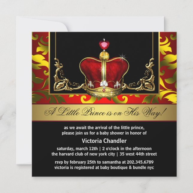 Red Gold Crown Prince Baby Shower Einladungen (Vorderseite)