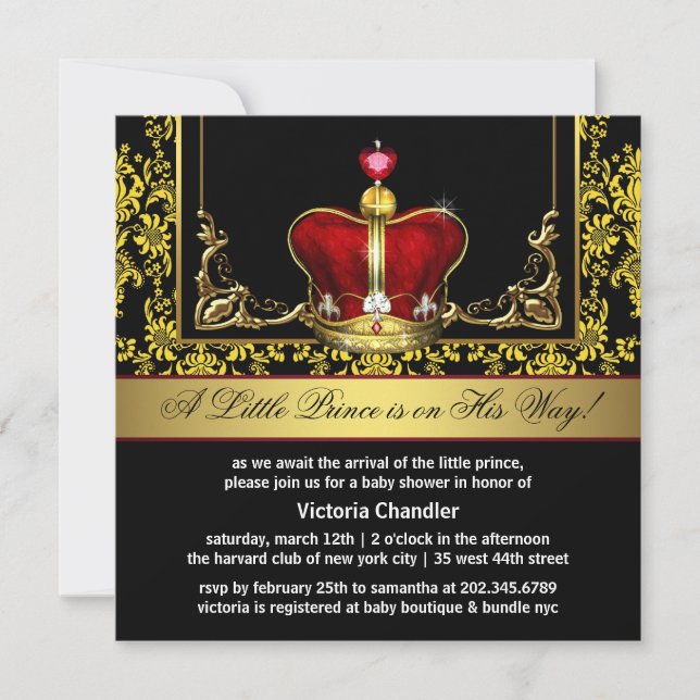 Red Gold Crown Prince Baby Shower Einladungen (Vorderseite)