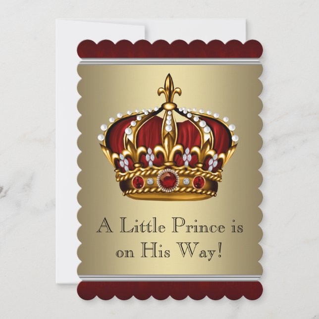 Red Gold Crown Prince Boy Baby Dusche Einladung (Vorderseite)